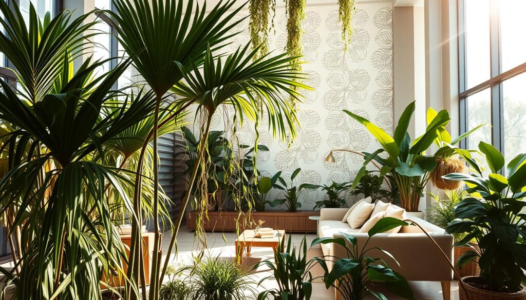 A lush, modern interior with biophilic design elements. Sunlight streams through large windows, casting a warm glow on the space. In the foreground, a curated arrangement of potted plants, including tall leafy palms and trailing vines, creates a serene, nature-inspired atmosphere. The middle ground features a sleek, minimalist sofa in natural tones, complemented by a wooden coffee table and low-profile lighting fixtures. In the background, a feature wall showcases intricate patterns inspired by organic forms, blending the indoor and outdoor environments seamlessly. The overall aesthetic is one of harmony, tranquility and a deep connection to the natural world. A lush, modern interior with biophilic design elements. Sunlight streams through large windows, casting a warm glow on the space. In the foreground, a curated arrangement of potted plants, including tall leafy palms and trailing vines, creates a serene, nature-inspired atmosphere. The middle ground features a sleek, minimalist sofa in natural tones, complemented by a wooden coffee table and low-profile lighting fixtures. In the background, a feature wall showcases intricate patterns inspired by organic forms, blending the indoor and outdoor environments seamlessly. The overall aesthetic is one of harmony, tranquility and a deep connection to the natural world.