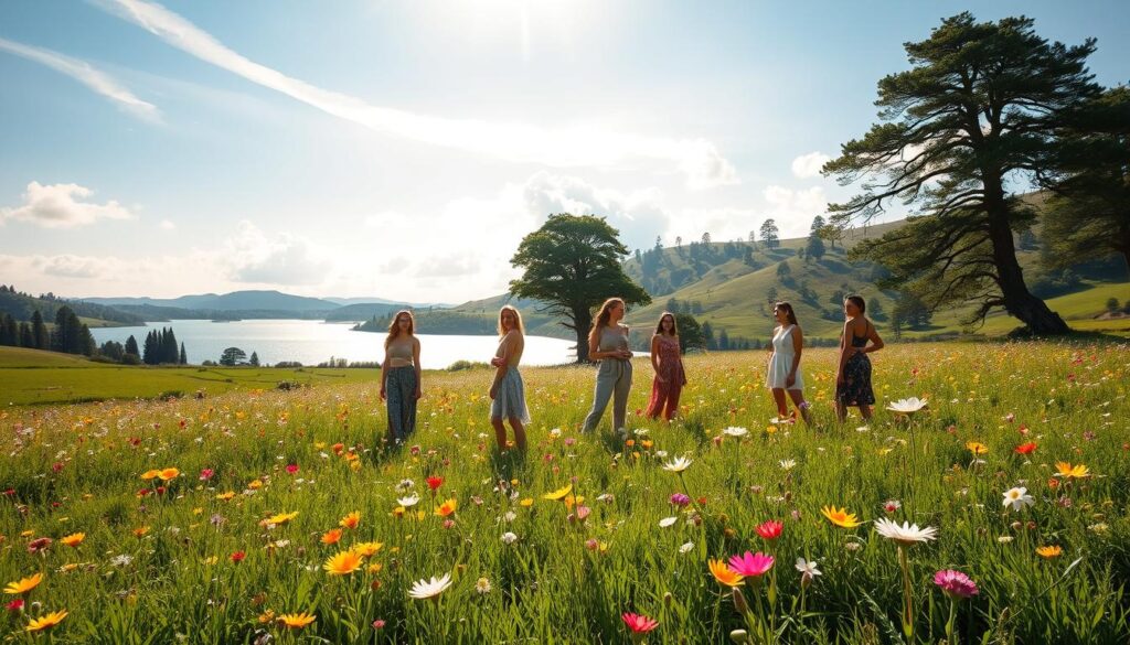 A serene, sun-dappled scene depicting a lush, verdant meadow filled with a vibrant array of blooming wildflowers. In the foreground, a group of models gracefully pose, showcasing sustainably sourced fashion pieces from Shein's latest eco-conscious collection. Gentle sunlight filters through wispy clouds, casting a warm, natural glow across the tranquil landscape. In the background, rolling hills dotted with towering trees and a sparkling lake create a picturesque, environmentally conscious backdrop. The overall mood is one of harmony, sustainability, and a deep connection with nature. A serene, sun-dappled scene depicting a lush, verdant meadow filled with a vibrant array of blooming wildflowers. In the foreground, a group of models gracefully pose, showcasing sustainably sourced fashion pieces from Shein's latest eco-conscious collection. Gentle sunlight filters through wispy clouds, casting a warm, natural glow across the tranquil landscape. In the background, rolling hills dotted with towering trees and a sparkling lake create a picturesque, environmentally conscious backdrop. The overall mood is one of harmony, sustainability, and a deep connection with nature.