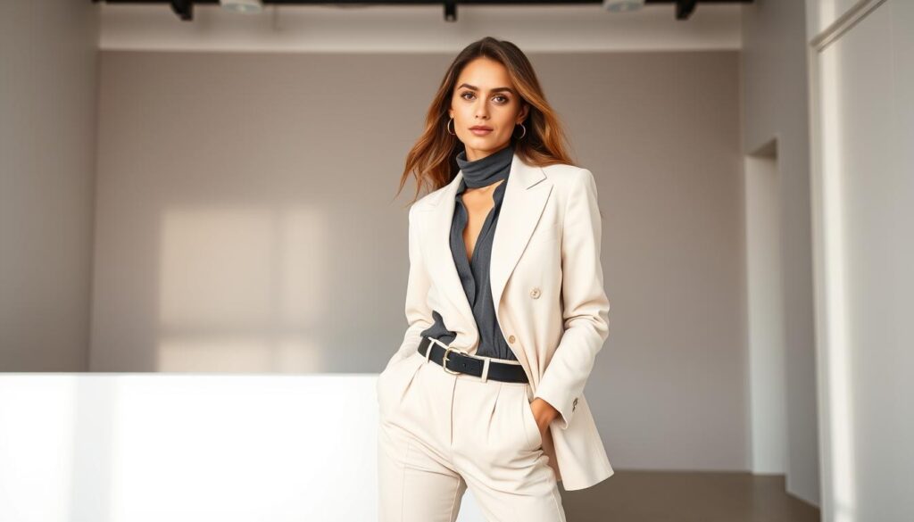 A stylish young woman modeling a chic Shein outfit in a sleek, minimalist studio setting. Soft, diffused lighting illuminates her figure, highlighting the high-quality tailoring and luxurious fabrics. The background features clean lines and muted tones, drawing the eye to the fashion pieces. The woman's effortless pose and confident expression convey a sense of sophistication, demonstrating how simple Shein items can be transformed into a more expensive-looking ensemble through clever styling techniques. The overall scene radiates an air of elevated, aspirational style.