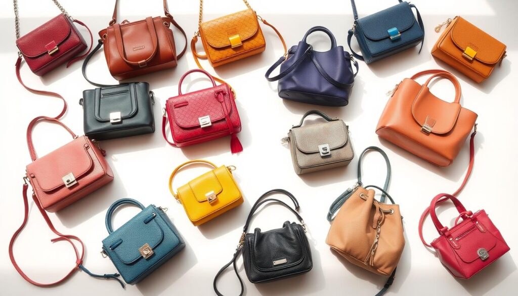 A vibrant collection of Shein bags in various trendy styles and colors, including mini crossbody bags, tote bags, and bucket bags, arranged in a dynamic composition on a clean, minimalist background. Soft, diffused natural lighting illuminates the textured fabrics and gleaming hardware, highlighting the high-fashion appeal of these chic, affordable accessories. The bags are positioned to showcase their versatile silhouettes and eye-catching details, inviting the viewer to imagine how they might elevate a stylish everyday look.