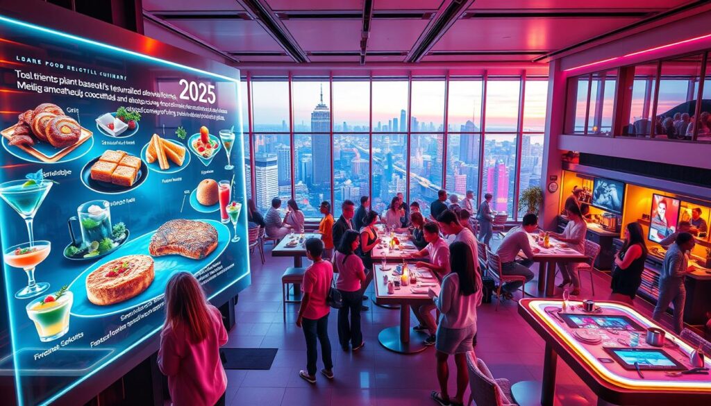 A vibrant, futuristic food court showcasing the trendiest culinary innovations of 2025. In the foreground, a holographic display features a variety of avant-garde dishes - from 3D-printed plant-based steaks to molecular gastronomy cocktails. The middle ground is bustling with diners interacting with voice-controlled smart tables, while autonomous food prep robots zip around behind them. In the background, floor-to-ceiling windows offer a panoramic view of a gleaming, high-tech city skyline. Bathed in a warm, neon-tinged lighting, the scene exudes a sense of excitement and possibility around the future of food and dining. A vibrant, futuristic food court showcasing the trendiest culinary innovations of 2025. In the foreground, a holographic display features a variety of avant-garde dishes - from 3D-printed plant-based steaks to molecular gastronomy cocktails. The middle ground is bustling with diners interacting with voice-controlled smart tables, while autonomous food prep robots zip around behind them. In the background, floor-to-ceiling windows offer a panoramic view of a gleaming, high-tech city skyline. Bathed in a warm, neon-tinged lighting, the scene exudes a sense of excitement and possibility around the future of food and dining.