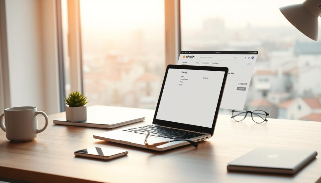 Shein cart tips: a meticulously organized, well-lit home office scene. In the foreground, a laptop, a tablet, and a smart phone are arranged neatly on a minimalist wooden desk, alongside a stylish mug, a plant, and a pair of reading glasses. In the middle ground, the Shein shopping cart interface is displayed on the laptop screen, showcasing various features and checkout options. The background features a large window overlooking a serene urban landscape, with warm, diffused natural lighting cascading into the room. The overall atmosphere is one of productivity, efficiency, and careful consideration of online shopping decisions.