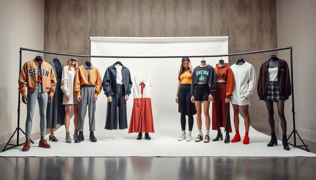 a high-fashion photo studio with bright, natural lighting and a sleek, minimalist aesthetic. in the foreground, a full-length display of several trendy outfits from Shein, featuring a variety of styles, colors, and silhouettes - casual streetwear, formal dresses, athleisure, and more. the outfits are arranged artfully, creating a visually appealing and cohesive composition. in the middle ground, a plain white backdrop allows the clothes to take center stage. the lighting casts subtle shadows, giving the scene depth and dimension. in the background, a muted gray or beige wall creates a clean, sophisticated setting. the overall mood is one of effortless style and aspirational fashion.