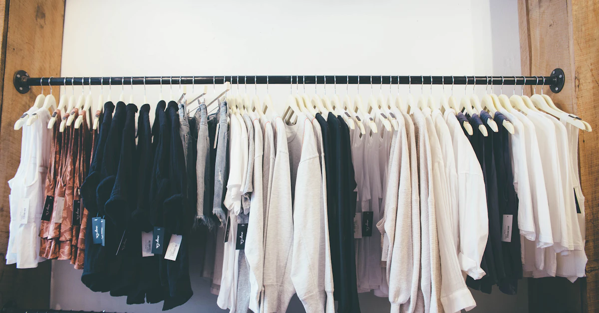white long sleeve shirt hanging on black steel rack
